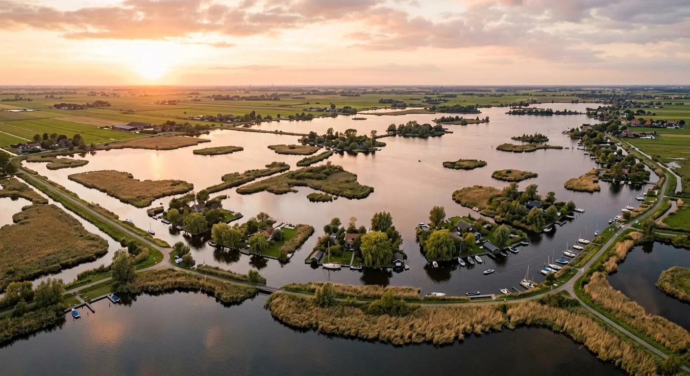 Luchtfoto van de Reeuwijkse Plassen bij avondlicht