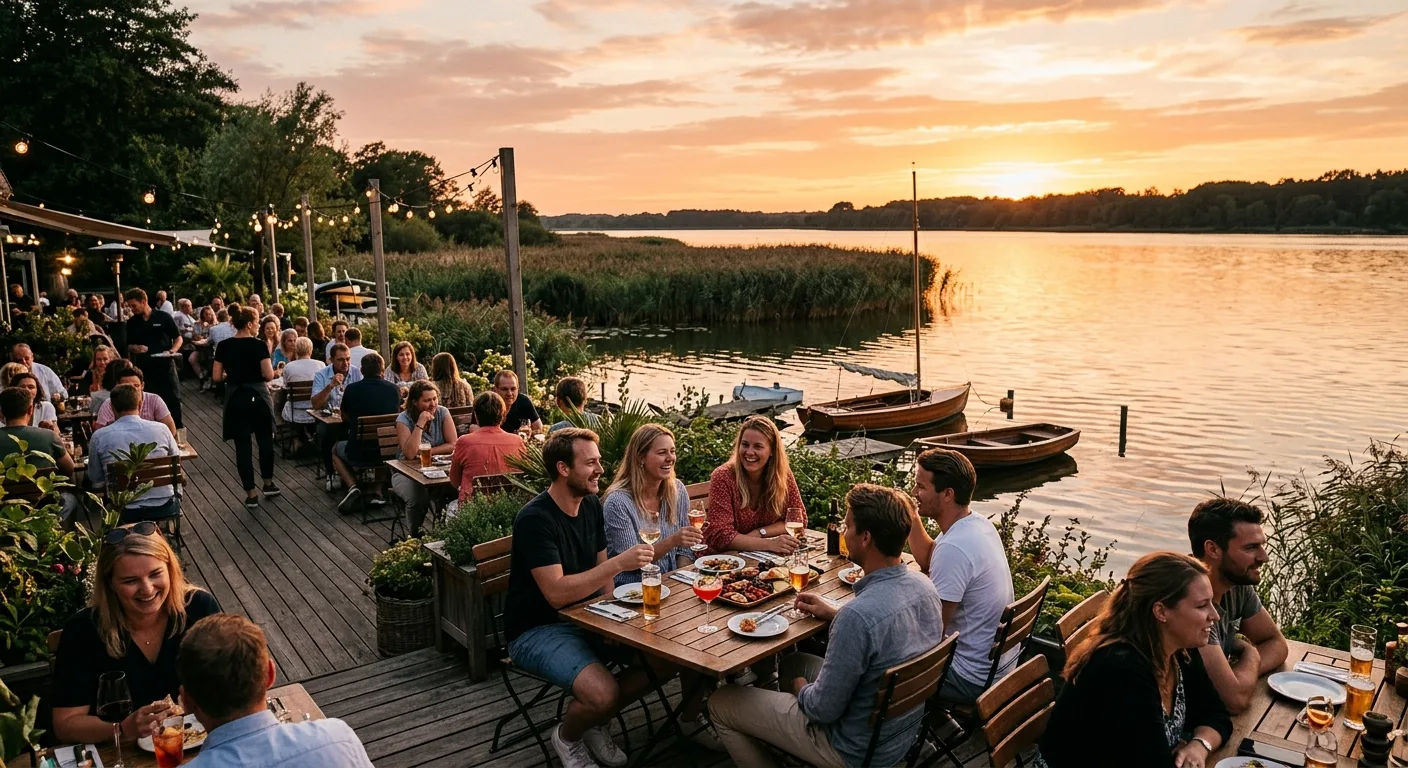 Terras aan het water bij zonsondergang