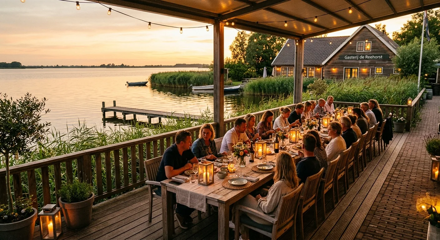 Terras van Gasterij Vergeer aan het water bij avondlicht