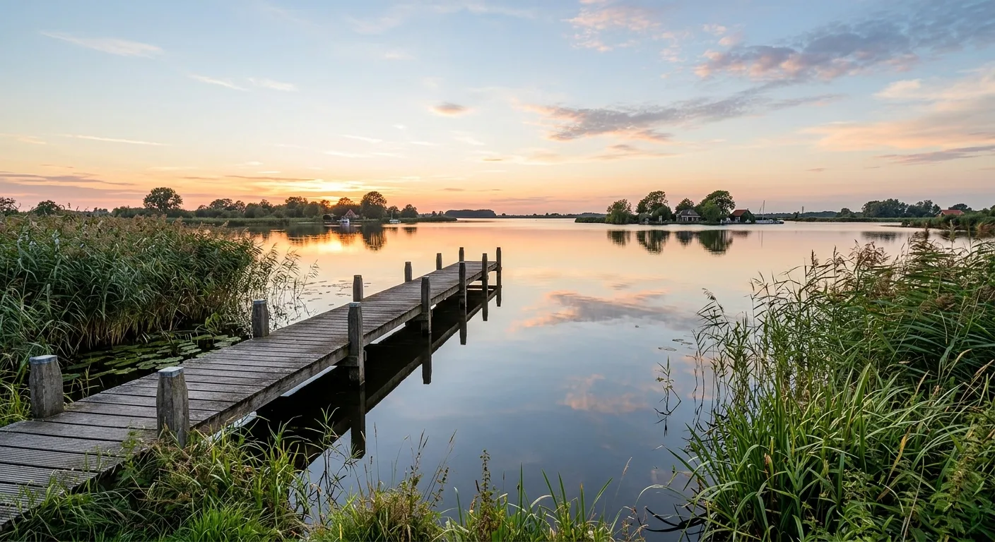 Uitzicht over de Reeuwijkse Plassen met riet en aanlegsteiger